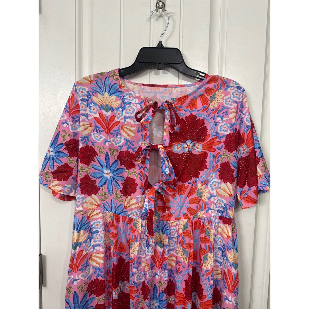 Pink Floral Keyhole Tie Front Maxi Dress Short Sleeve Boho Small Wedding Guest - Picture 2 of 8